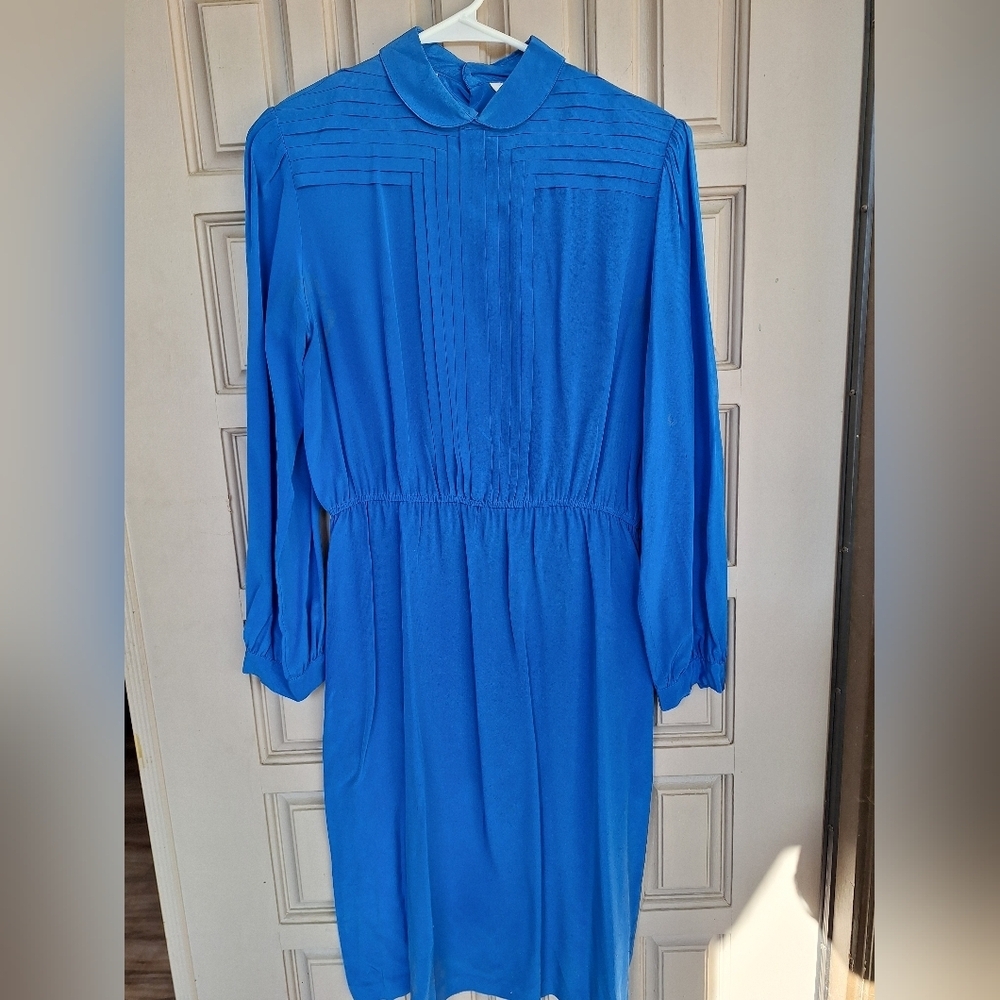 Pure Silk Botton Down ShirtDress Sz12 Royal Blue Long Sleeves Some Discoloration